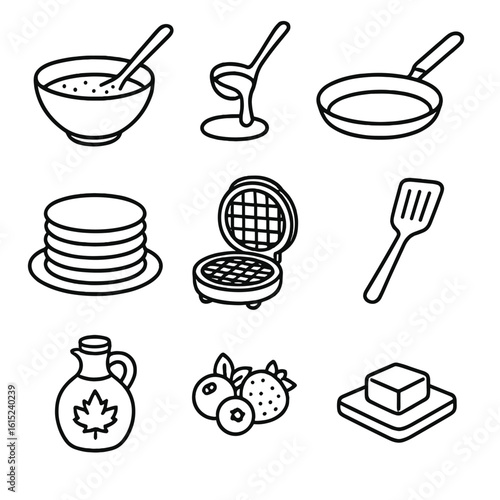 Oat Pancakes & Waffles Icons. Line style icons of Oat Pancakes and Waffles: oat batter bowl, ladle pour, non-stick griddle, flip