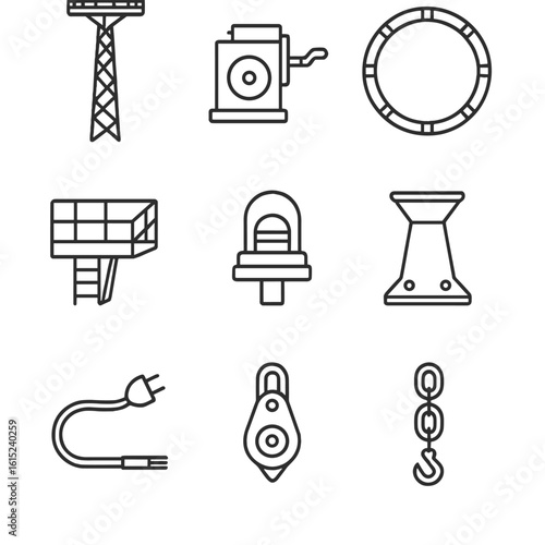 Highway Lighting Icons. Line style icons of High-Mast Highway Lighting: lattice tower, raising winch, ring luminaire frame,