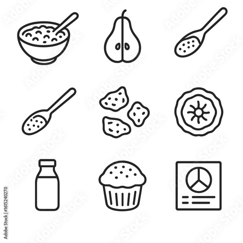 High-Fiber Oat Icons. Line style icons of High-Fiber Oat Recipes: oat bran cereal bowl, sliced pear, psyllium husk scoop, flax