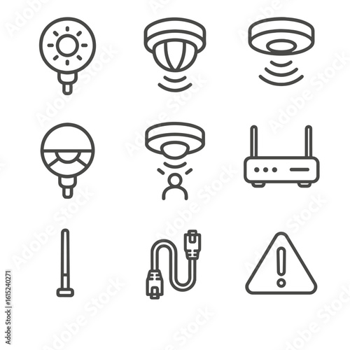 Smart Lighting Icons. Line style icons of Smart Lighting Sensors: photocell node, PIR motion sensor, radar sensor, light level