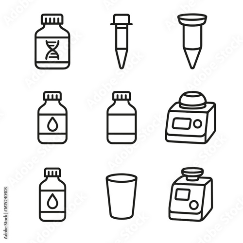 DNA Extraction Icons. Line style icons of DNA Extraction Reagents: lysis buffer bottle, proteinase K tube, spin column, wash