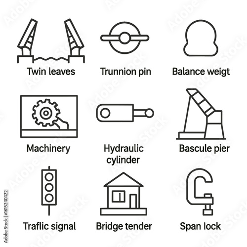 Bascule Bridge Icon Set. Line style icons of Bascule Bridges: twin leaves, trunnion pin, balance weight, machinery pit, hydraulic