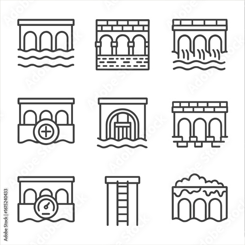 Aqueduct Bridges Icons. Line style icons of Aqueduct Bridges: water channel, masonry pier, overflow sluice, inspection hatch,