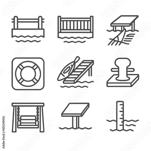 Riverbank Walkway Icons. Line style icons of Riverbank Walkways: riverside railing, lookout deck, fishing pier, life ring box,