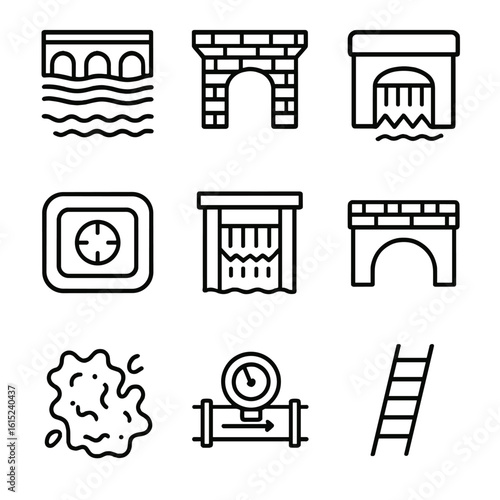 Aqueduct Bridges Icons. Line style icons of Aqueduct Bridges: water channel, masonry pier, overflow sluice, inspection hatch,