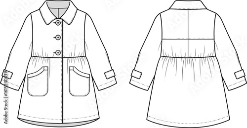 Flat vector illustration of stylish children’s coat technical fashion drawing, front and back CAD view with detailed stitching