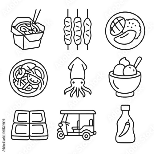 Thai Street Food Icons. Line style icons of Thai Street Food: pad thai box, chicken satay, mango sticky rice, papaya salad,