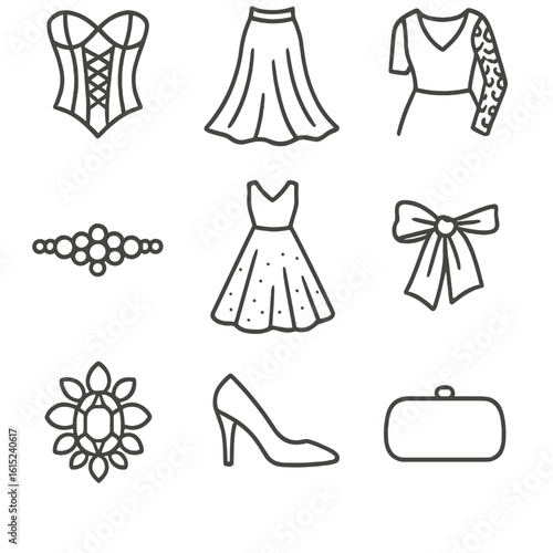 Ladies' Gown Line Icons. Line style icons of Ladies’ Gown Details: corset bodice, flowing skirt, lace sleeve, beaded belt, tulle