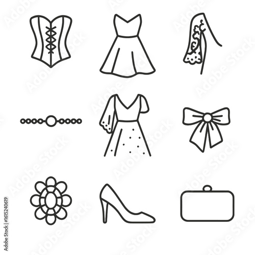 Ladies' Gown Line Icons. Line style icons of Ladies’ Gown Details: corset bodice, flowing skirt, lace sleeve, beaded belt, tulle