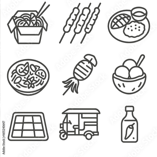 Thai Street Food Icons. Line style icons of Thai Street Food: pad thai box, chicken satay, mango sticky rice, papaya salad,