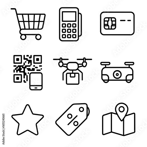 E-Commerce Tech Icons. Line style icons of E-Commerce Technology: shopping cart, payment gateway, credit card chip, QR pay code,