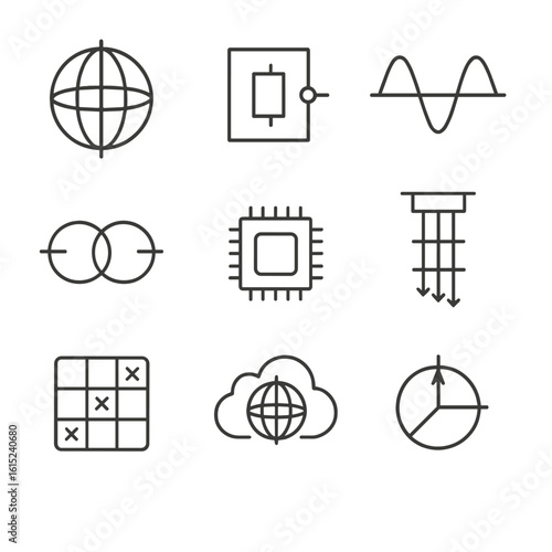 Quantum Computing Icons. Line style icons of Quantum Computing Basics: qubit sphere, quantum gate, superposition wave,
