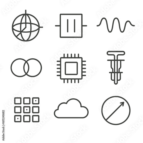 Quantum Computing Icons. Line style icons of Quantum Computing Basics: qubit sphere, quantum gate, superposition wave,