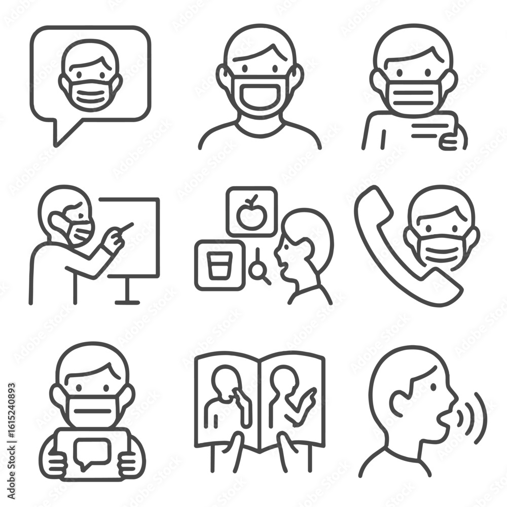 Fototapeta premium Communication Aids Icons. Line style icons of communication aids with masks: speech bubble with mask icon, clear panel face mask,