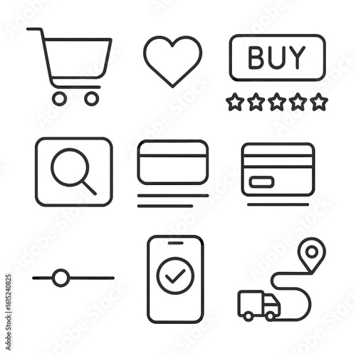 E-commerce Icons Set. Line style icons of modern e-commerce interface: shopping cart icon, wishlist heart, buy now button, star
