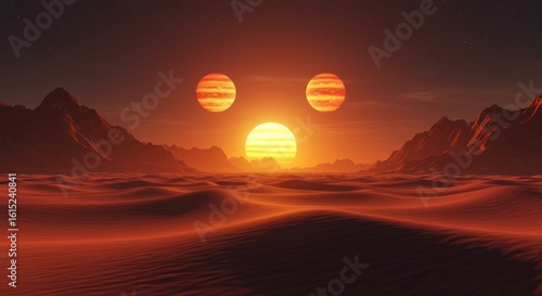 Fototapeta Naklejka Na Ścianę i Meble -  Otherworldly sunset illuminates a desolate landscape, with celestial bodies rising above dune peaks