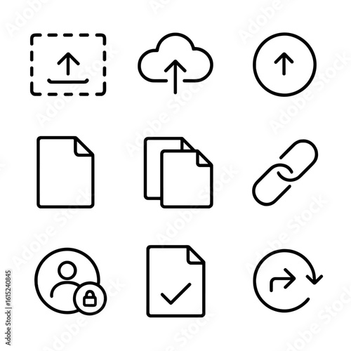 Upload Interface Icons. Line style icons of file upload and sharing UI: drag and drop zone, cloud with arrow, upload progress