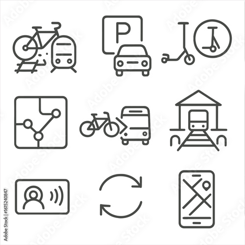 Multimodal Mobility Icons. Line style icons of multimodal mobility options: bike + train icon, park and ride symbol, scooter +