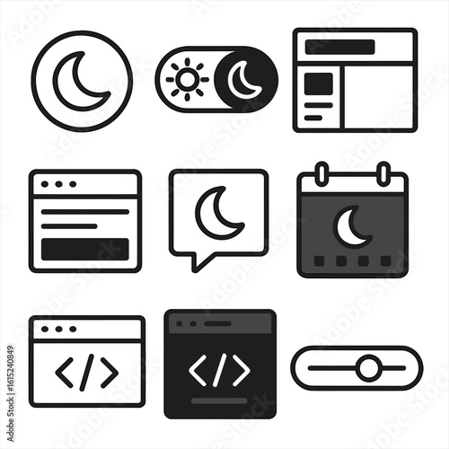 Dark Mode Icons. Line style icons of clean dark-mode interfaces: black theme toggle, light/dark switcher, night UI elements,
