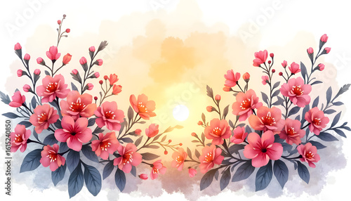 Floral Border with Pink Blossoms and Glowing Light