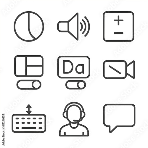 Accessibility Widget Icons. Line style icons of modern accessibility widgets: color mode selector, text reader icon, UI zoom