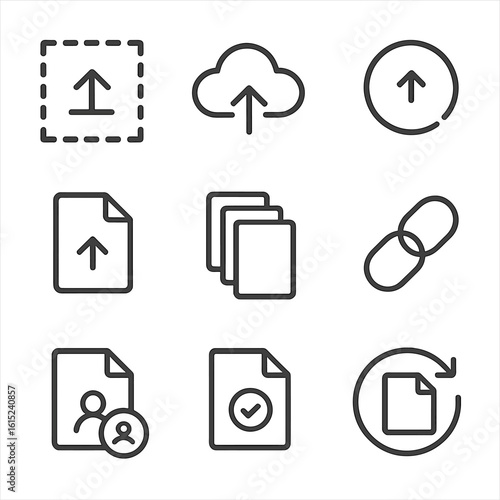 Upload Interface Icons. Line style icons of file upload and sharing UI: drag and drop zone, cloud with arrow, upload progress