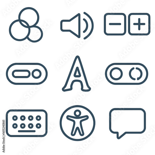 Accessibility Widget Icons. Line style icons of modern accessibility widgets: color mode selector, text reader icon, UI zoom