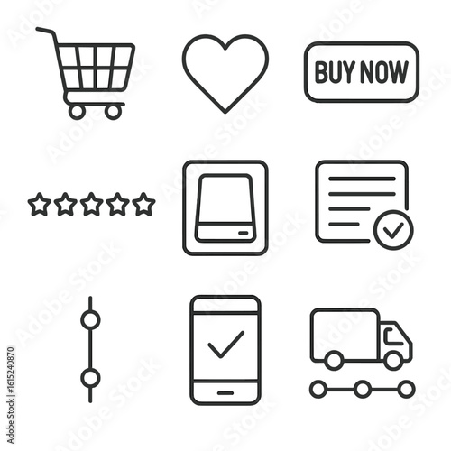 E-commerce Icons Set. Line style icons of modern e-commerce interface: shopping cart icon, wishlist heart, buy now button, star