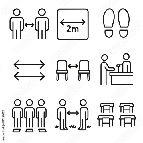 Social Distancing Icons. Line style icons of social distancing practices: two people standing apart, 2-meter rule sign, footprints