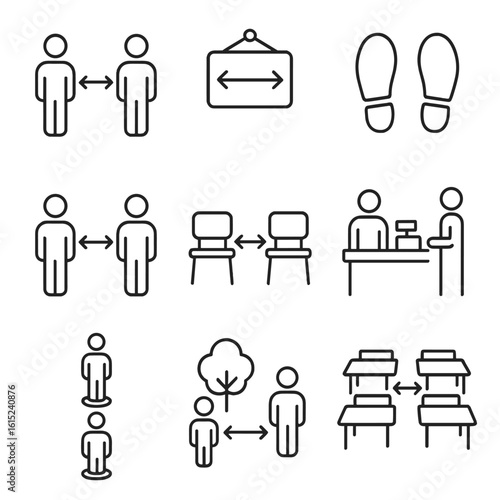 Social Distancing Icons. Line style icons of social distancing practices: two people standing apart, 2-meter rule sign, footprints