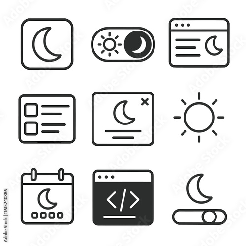 Dark Mode Icons. Line style icons of clean dark-mode interfaces: black theme toggle, light/dark switcher, night UI elements,