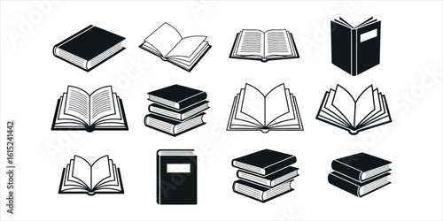 Collection of twelve black and white book icons in various open and closed positions books open book