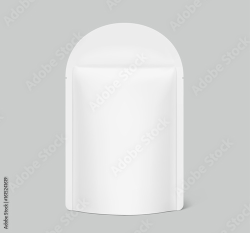Realistic stand up pouch bag with round top mockup. Front view. Vector illustration isolated on grey background. Ready for your design. EPS10.
