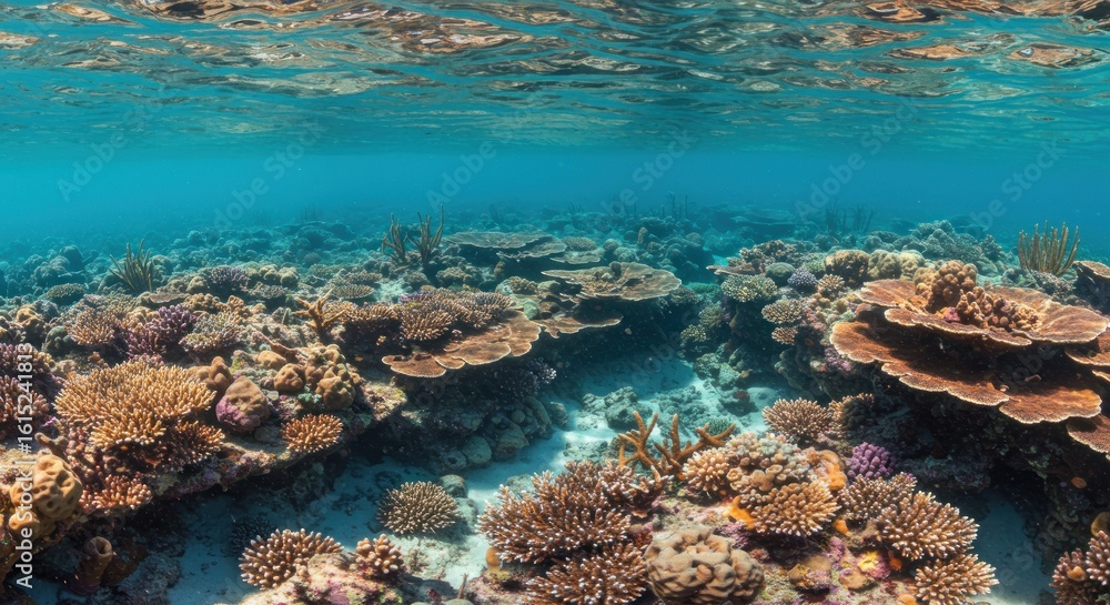 Obraz premium Underwater panorama showcasing a vibrant coral reef ecosystem with clear blue water