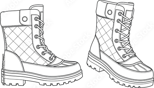 Flat vector technical illustration of quilted lace-up winter boots with thick sole, side and angled CAD drawing for fashion design