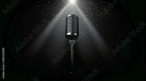 Microphone with bokeh light background, stand up comedy show, karaoke or singing contest, background for poster design, open mic and jokes show