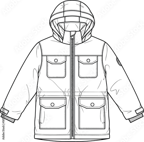 Front view cad flat sketch of kids winter puffer jacket with hood, utility pockets, long sleeves, zipper, vector fashion drawing