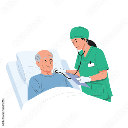Doctor checking for elderly patient in hospital bed vector