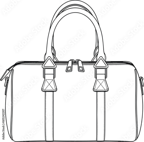 Handbag CAD drawing with technical flat sketch, fashion accessory vector illustration, top handle design, front view detailed style