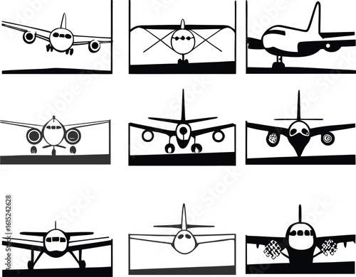 Nine stylized black and white airplane illustrations; front, side, and landing views;  simple graphic design; travel and aviation concept.