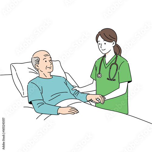 Doctor checking for elderly patient in hospital bed vector