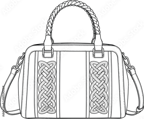 Handbag front view with braided handle and detailed pattern, flat technical drawing, CAD bag illustration, fashion accessory design sketch