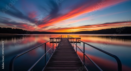Stunning sunset reflecting on tranquil lake from wooden dock offers serenity and peace