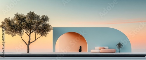 Minimalist architectural scene at sunset