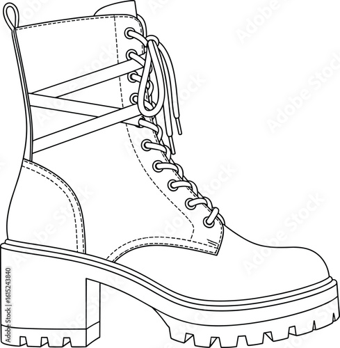 Lace-up chunky heel combat boot vector drawing, stylish footwear cad design, fashion technical illustration, trendy flat shoe template art