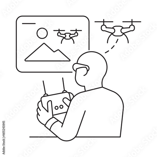 Line art illustration of a person piloting a drone using a controller with live FPV video on a monitor. Remote drone navigation technology concept.