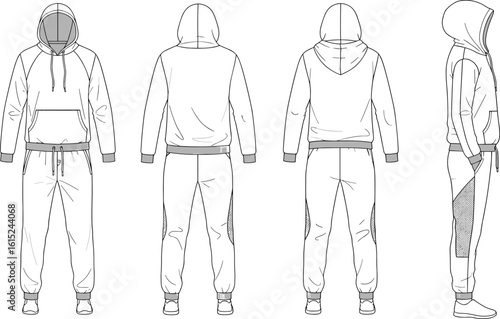 Men’s hoodie and jogger set technical fashion flat sketch, front back side views loungewear outfit cad drawing flat vector illustration