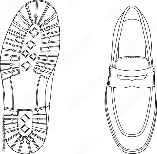 Men’s loafer shoe CAD drawing, top and bottom view, detailed vector line art for footwear design, isolated illustration