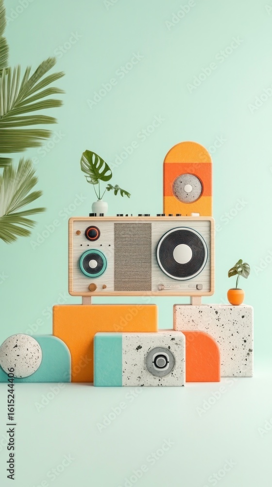 Obraz premium Retro radio with plants and colorful blocks