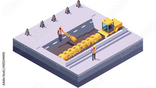 Isometric view of road repair with workers, construction vehicle and safety cones on a layered surface
